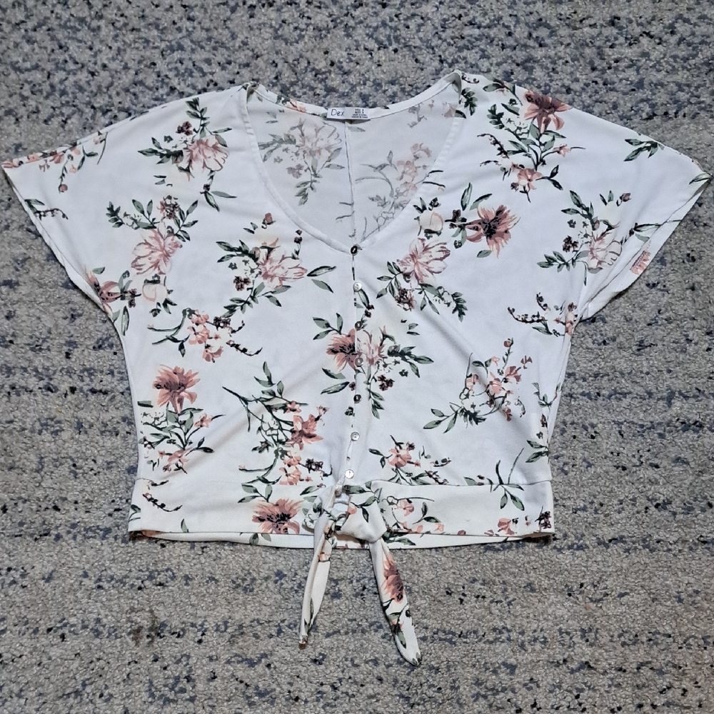 Dex Floral White Cropped Blouse with Tie Detail